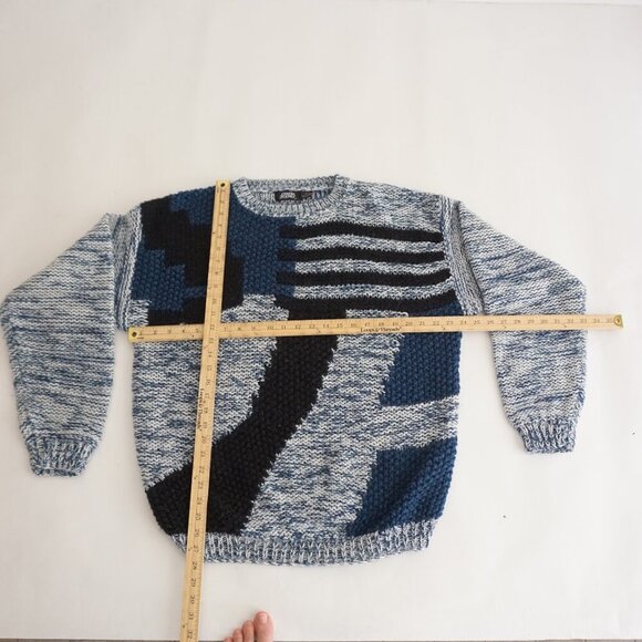 Vintage '80S Street Scenes Blue Black Geometric Fisherman Eclectic Sweater XL - Picture 3 of 9